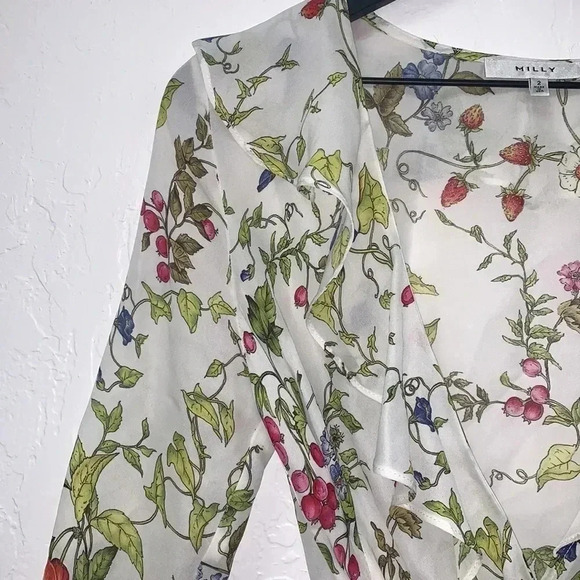 MILLY Women's White Floral Ruffle Wrap Blouse Size 2 - Picture 4 of 8